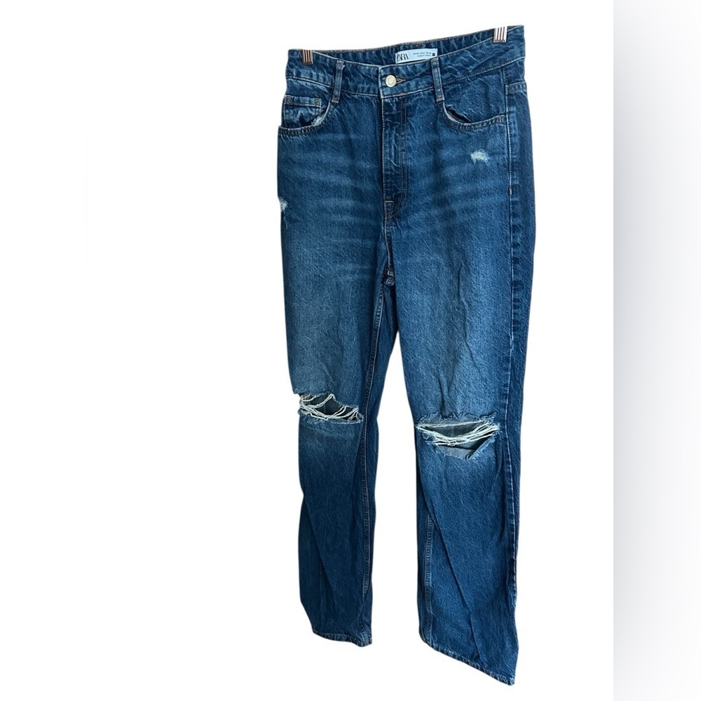 Zara Distressed Boyfriend Jeans Blue Ripped Straight Leg Denim